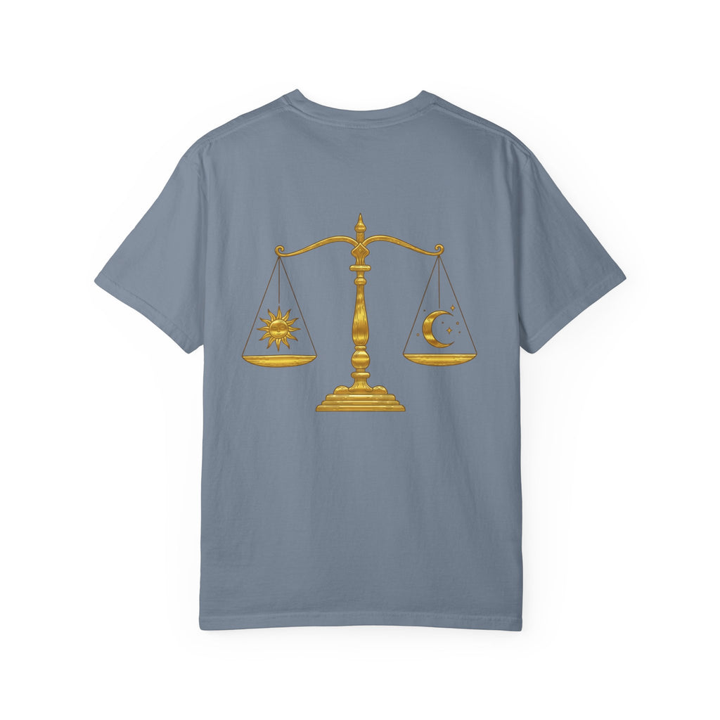 Libra Zodiac T-Shirt — Gold Scales Design (Sun & Moon)