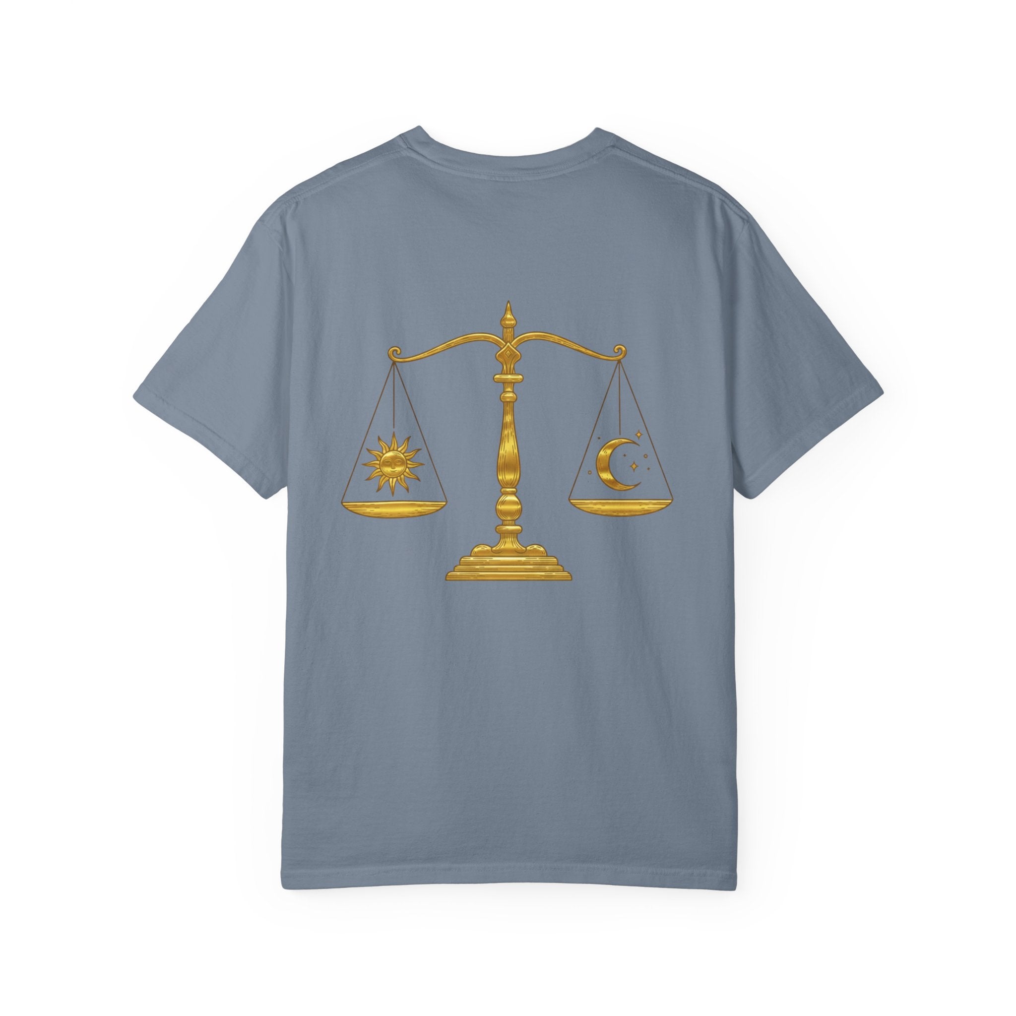 Libra Zodiac T-Shirt — Gold Scales Design (Sun & Moon)
