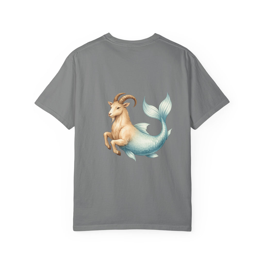 Capricorn Zodiac T-Shirt — Capricorn Text Front & Sea-Goat Back Graphic