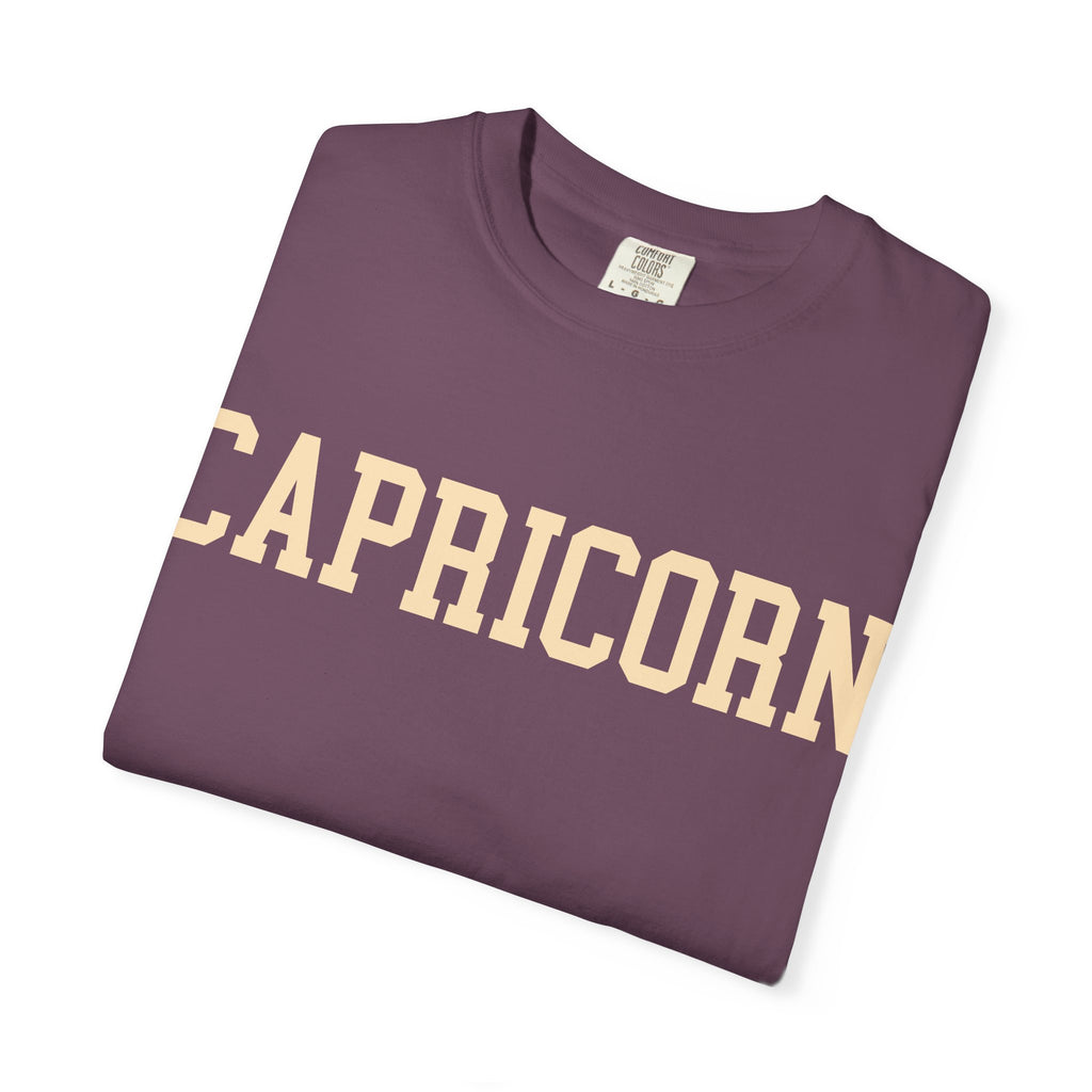 Capricorn Zodiac T-Shirt — Capricorn Text Front & Sea-Goat Back Graphic