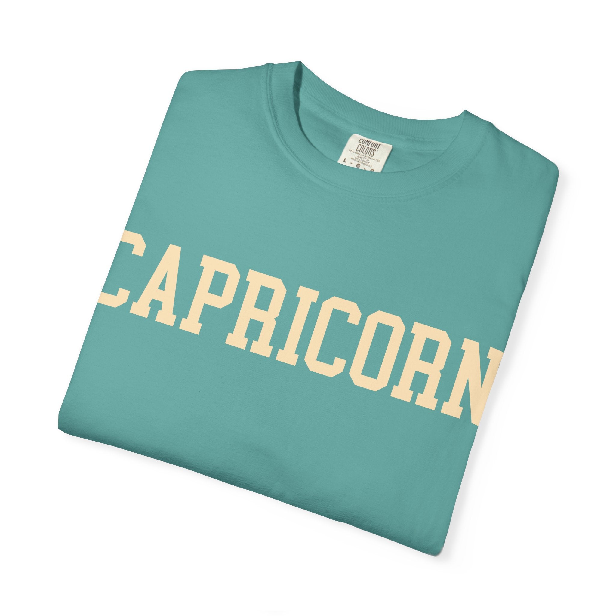 Capricorn Zodiac T-Shirt — Capricorn Text Front & Sea-Goat Back Graphic