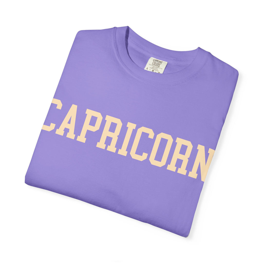 Capricorn Zodiac T-Shirt — Capricorn Text Front & Sea-Goat Back Graphic