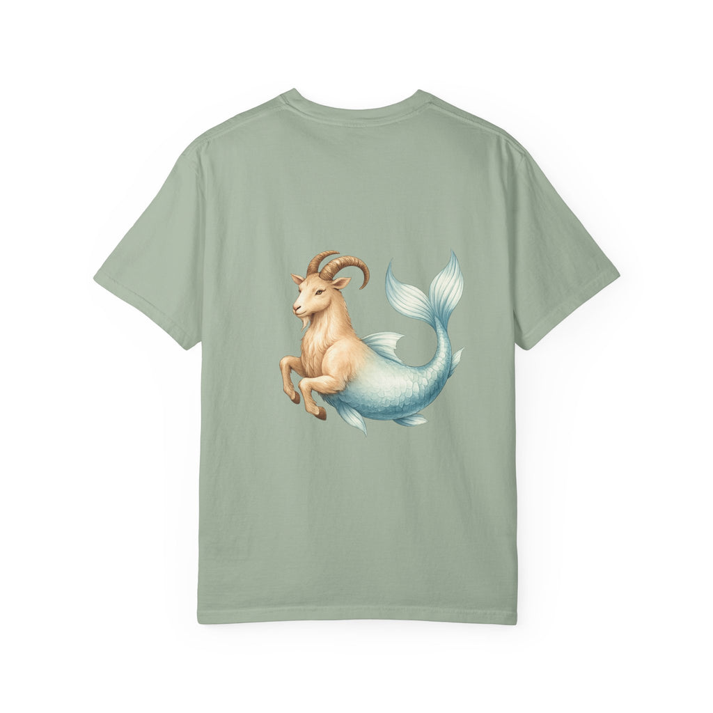 Capricorn Zodiac T-Shirt — Capricorn Text Front & Sea-Goat Back Graphic