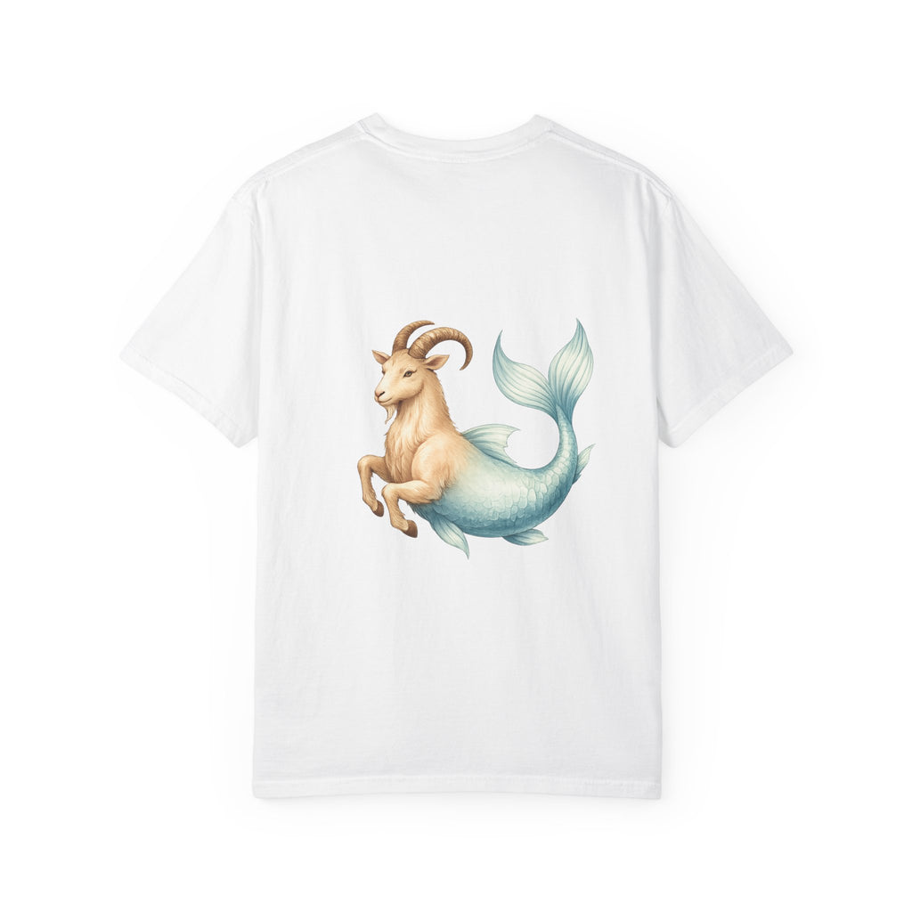 Capricorn Zodiac T-Shirt — Capricorn Text Front & Sea-Goat Back Graphic