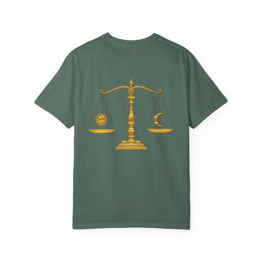 Libra Zodiac T-Shirt — Gold Scales Design (Sun & Moon)