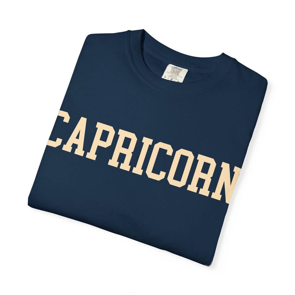 Capricorn Zodiac T-Shirt — Capricorn Text Front & Sea-Goat Back Graphic