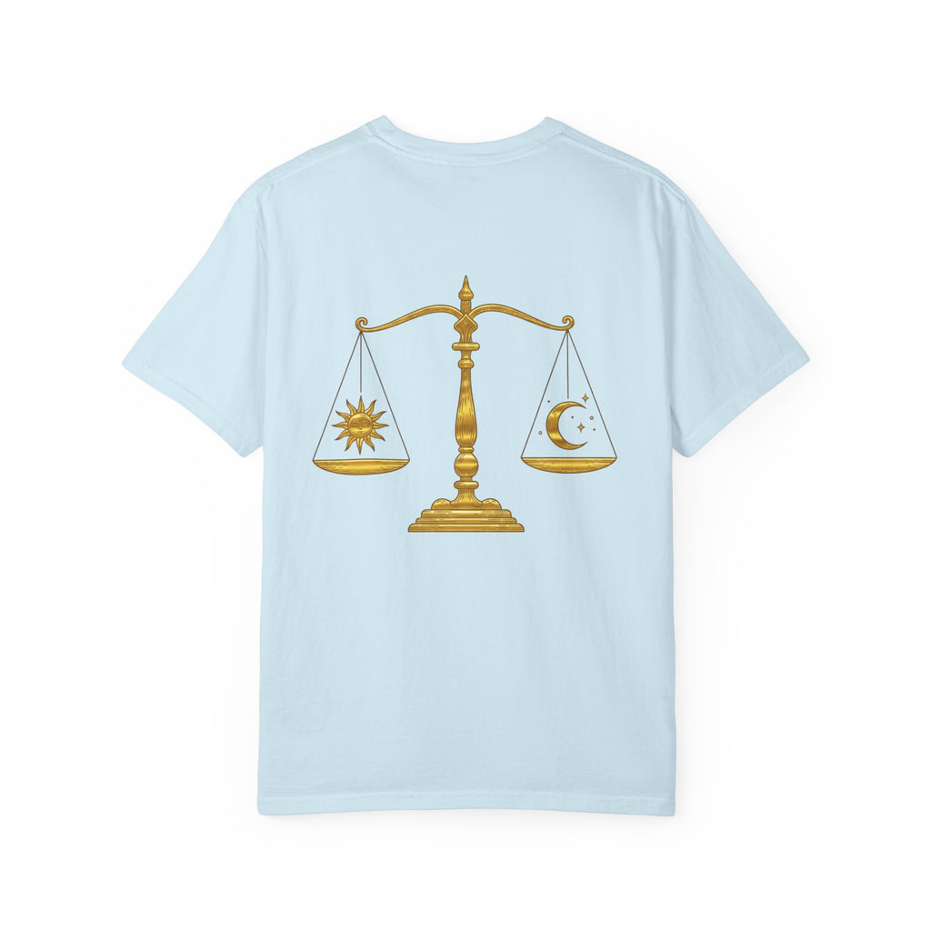 Libra Zodiac T-Shirt — Gold Scales Design (Sun & Moon)