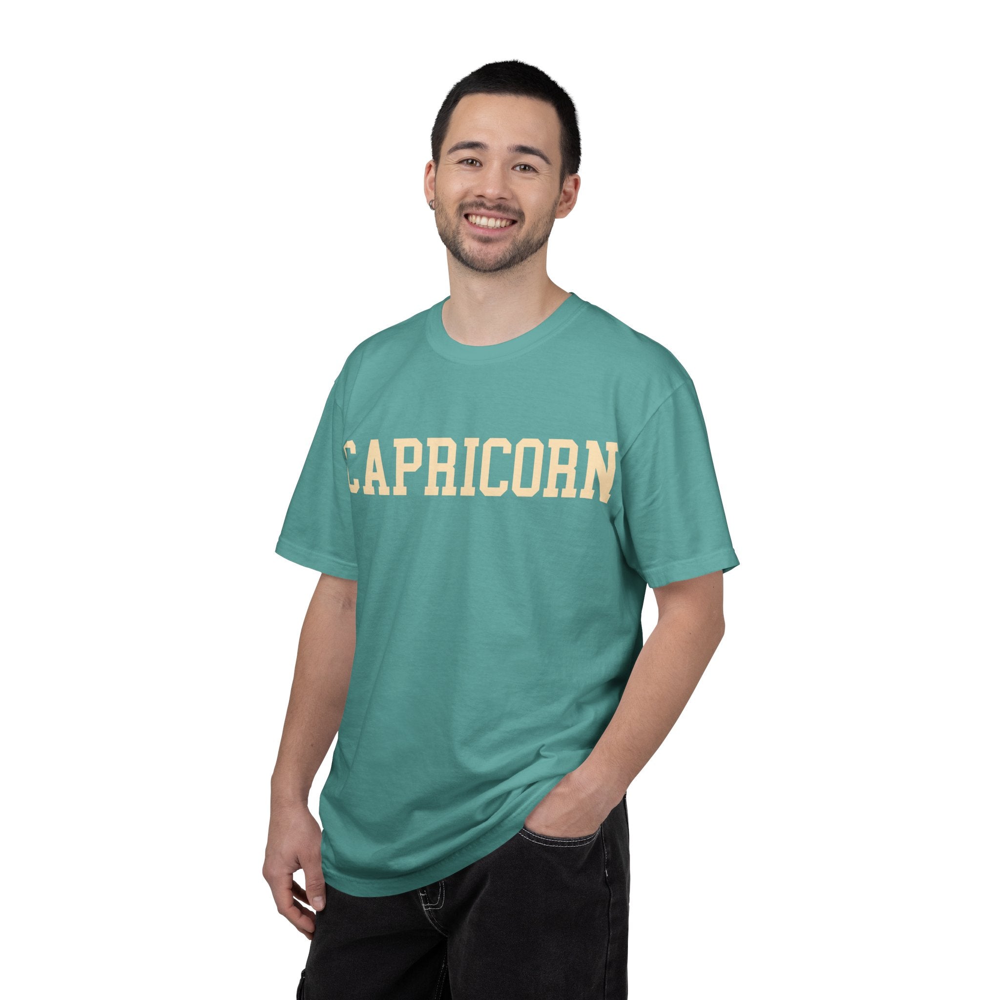 Capricorn Zodiac T-Shirt — Capricorn Text Front & Sea-Goat Back Graphic
