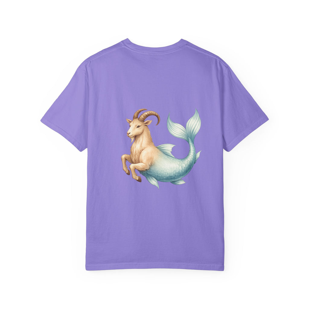 Capricorn Zodiac T-Shirt — Capricorn Text Front & Sea-Goat Back Graphic