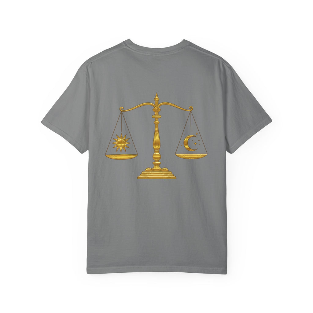 Libra Zodiac T-Shirt — Gold Scales Design (Sun & Moon)