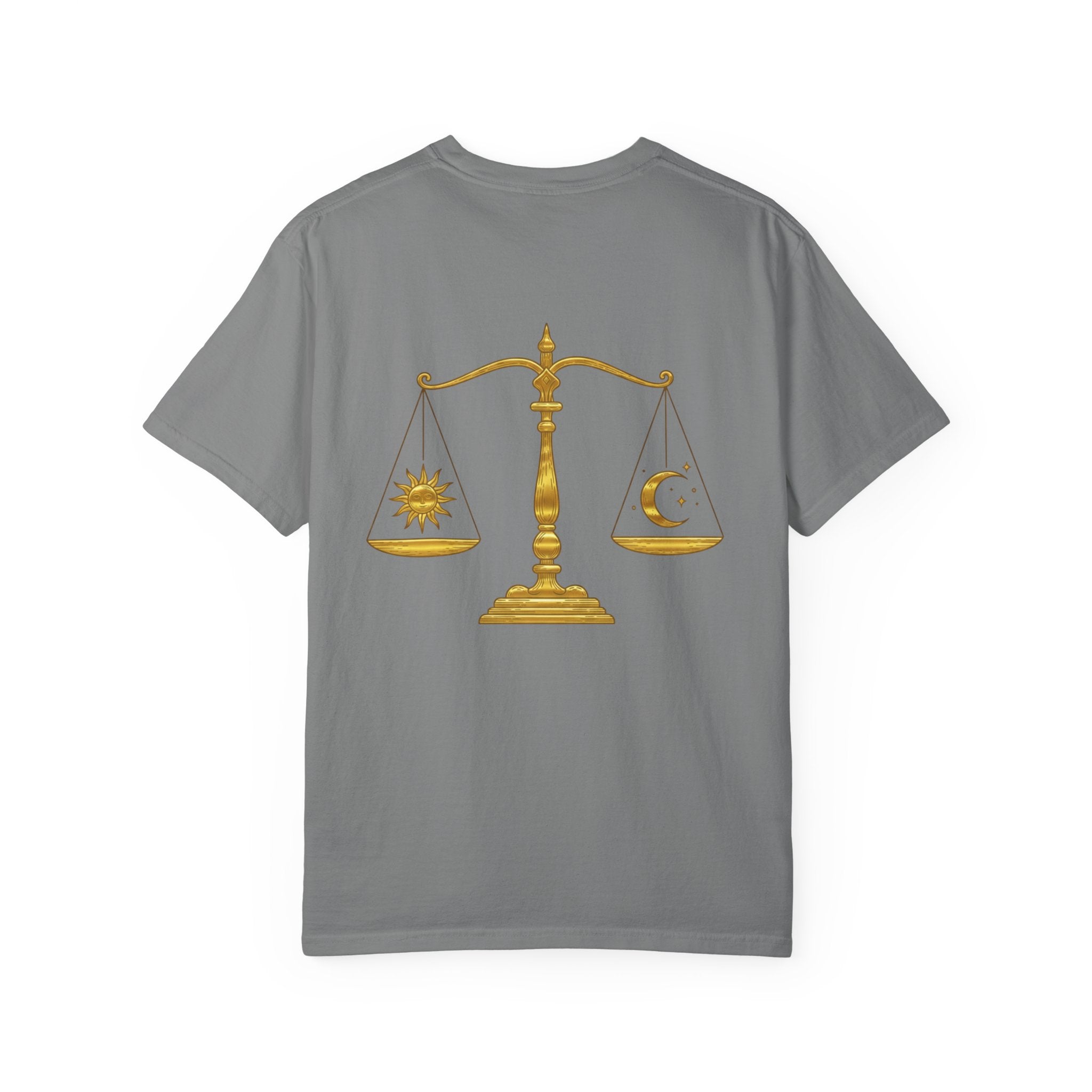 Libra Zodiac T-Shirt — Gold Scales Design (Sun & Moon)