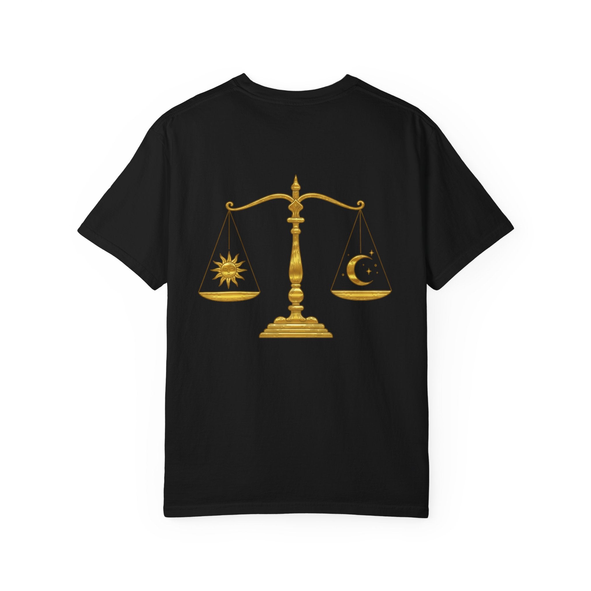 Libra Zodiac T-Shirt — Gold Scales Design (Sun & Moon)