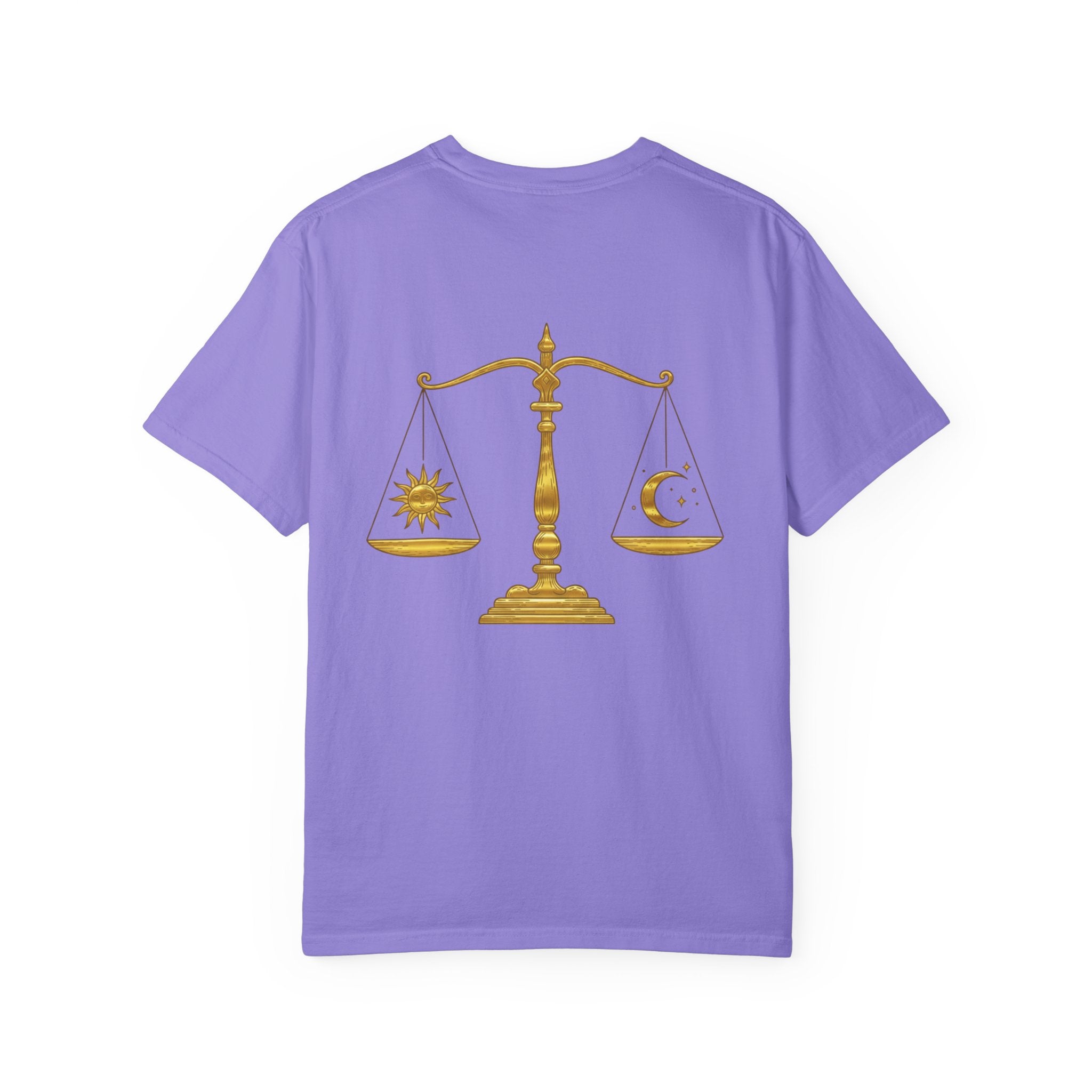 Libra Zodiac T-Shirt — Gold Scales Design (Sun & Moon)
