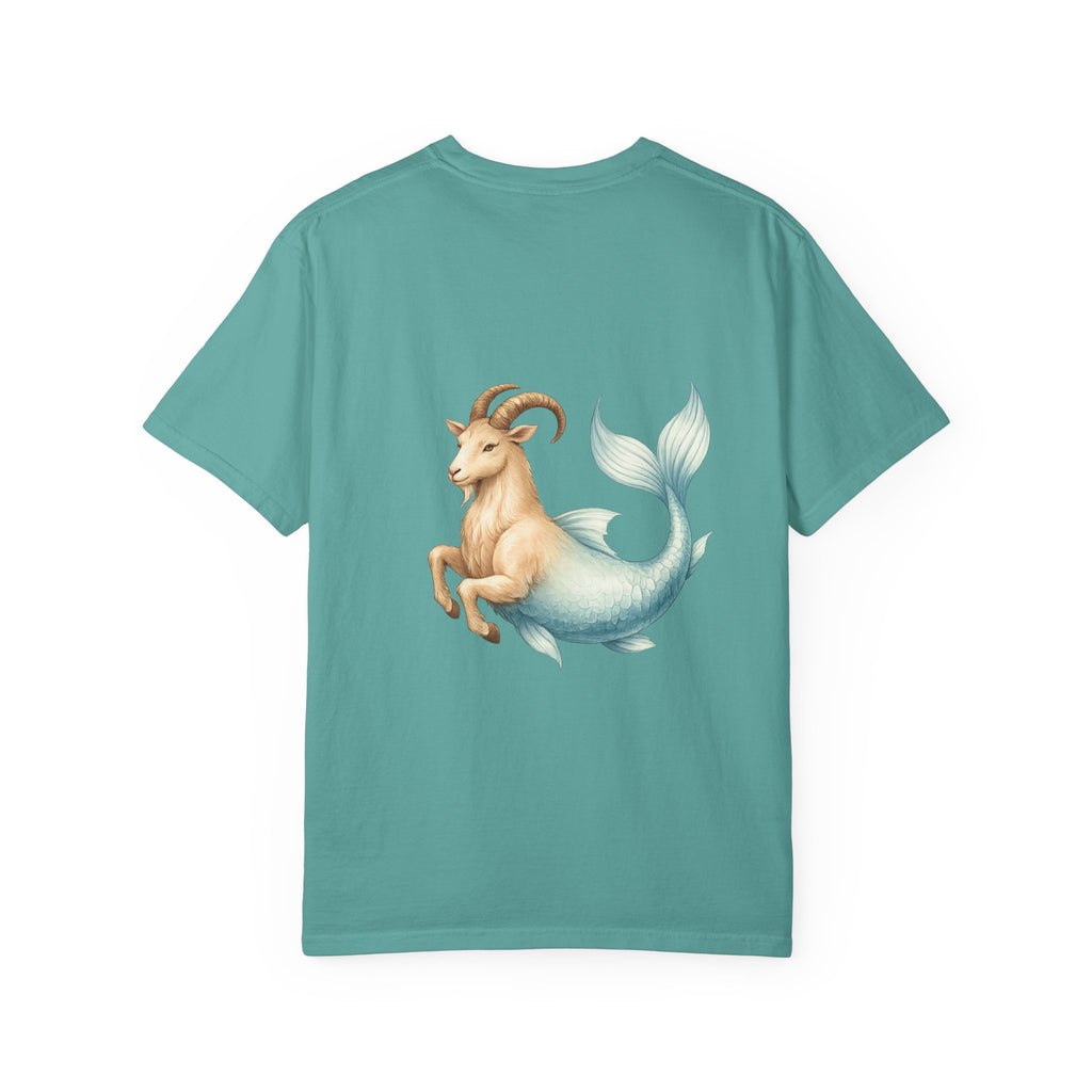 Capricorn Zodiac T-Shirt — Capricorn Text Front & Sea-Goat Back Graphic
