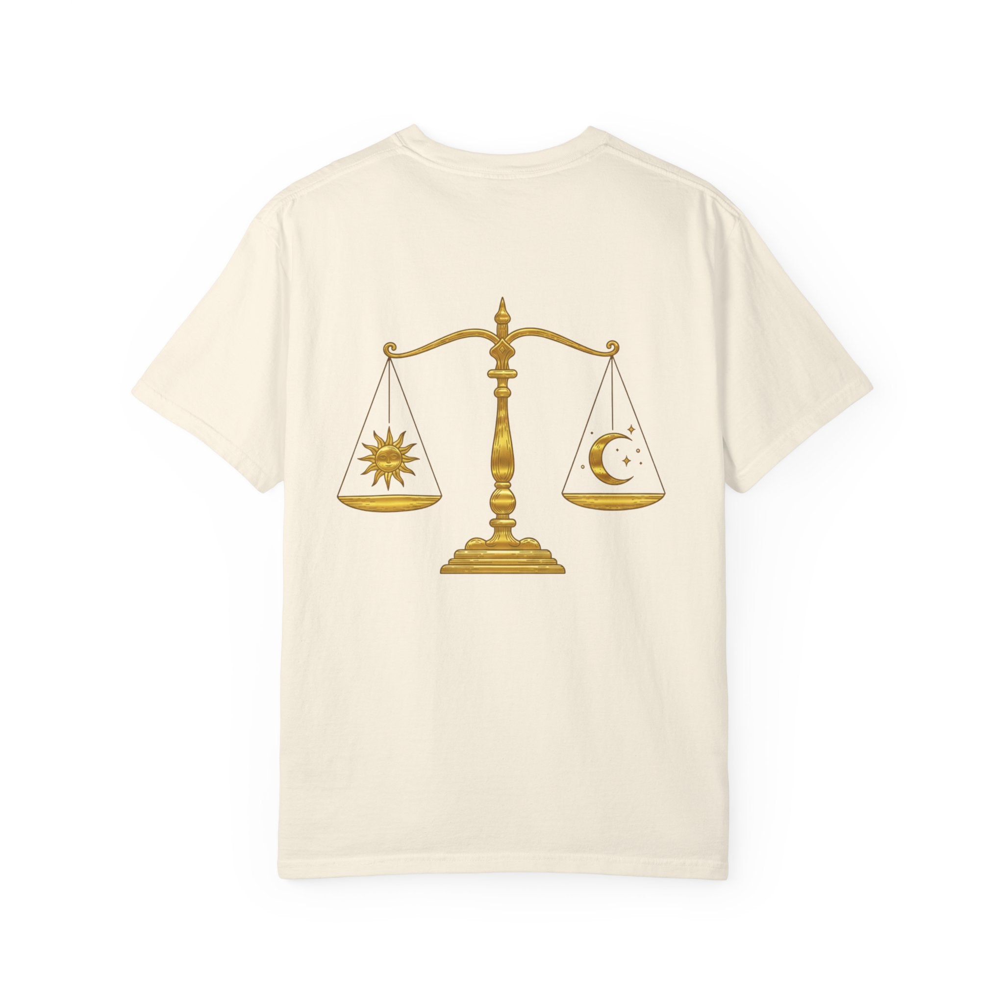 Libra Zodiac T-Shirt — Gold Scales Design (Sun & Moon)
