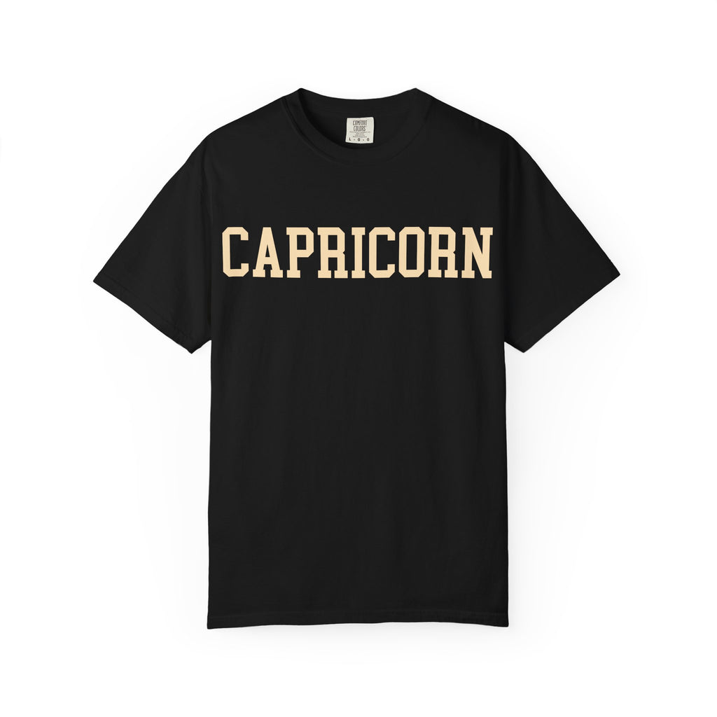 Capricorn Zodiac T-Shirt — Capricorn Text Front & Sea-Goat Back Graphic