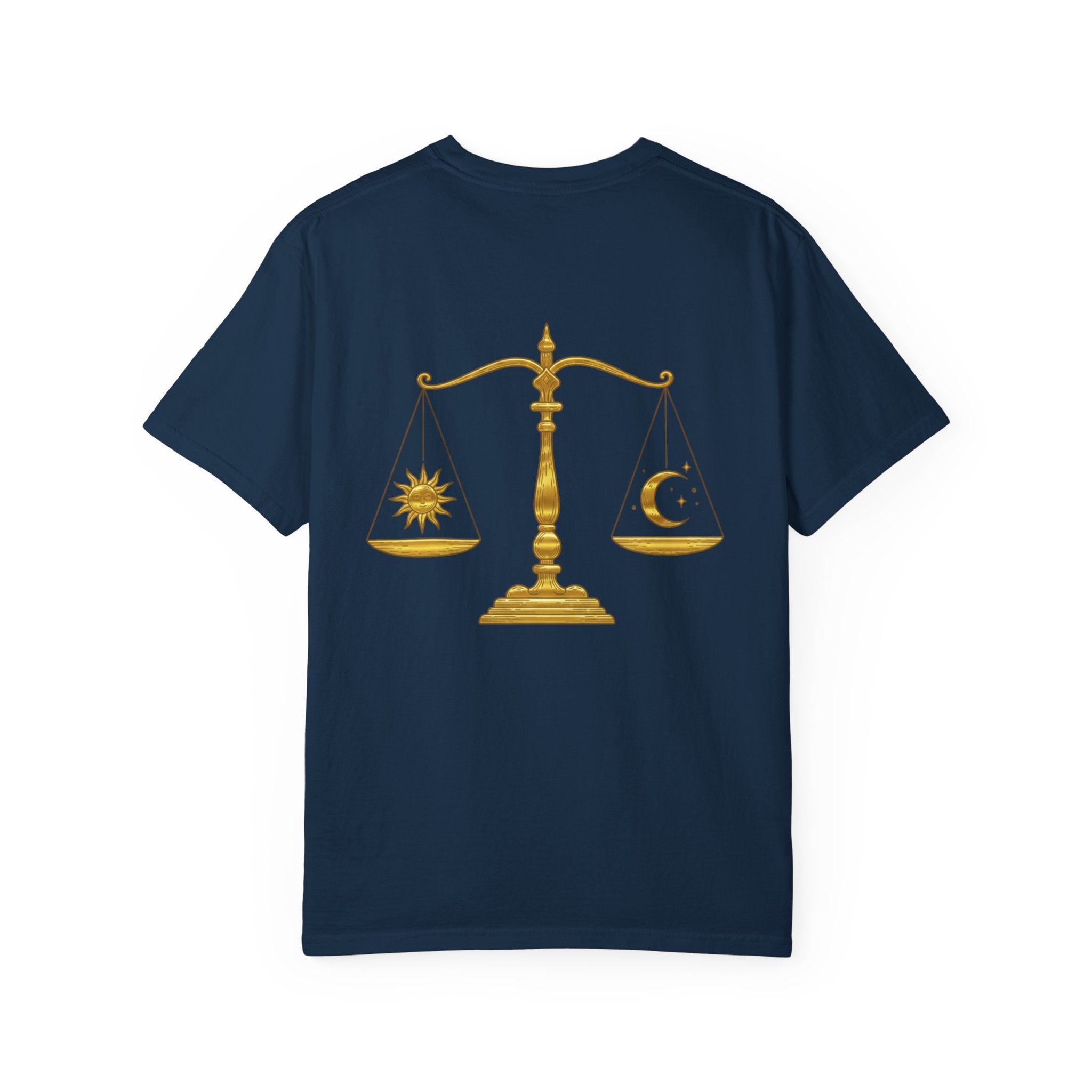 Libra Zodiac T-Shirt — Gold Scales Design (Sun & Moon)