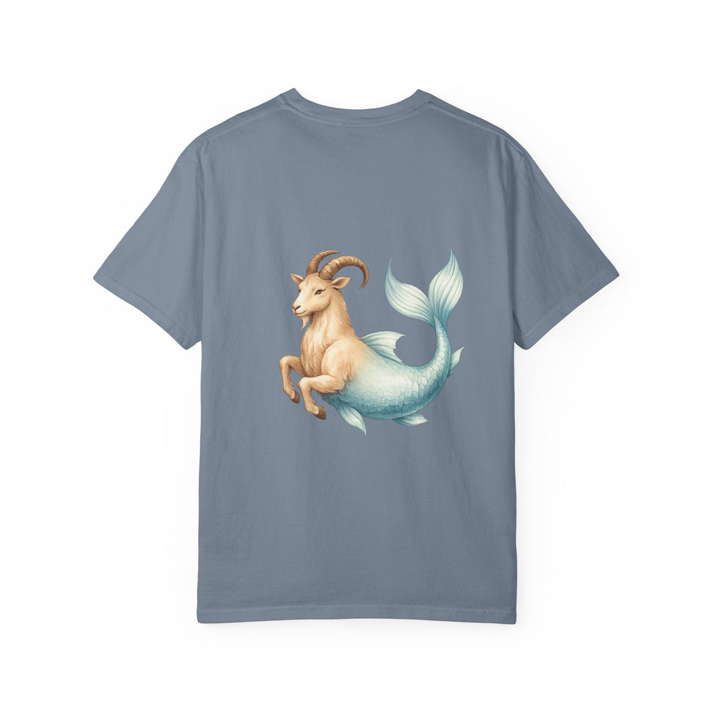 Capricorn Zodiac T-Shirt — Capricorn Text Front & Sea-Goat Back Graphic
