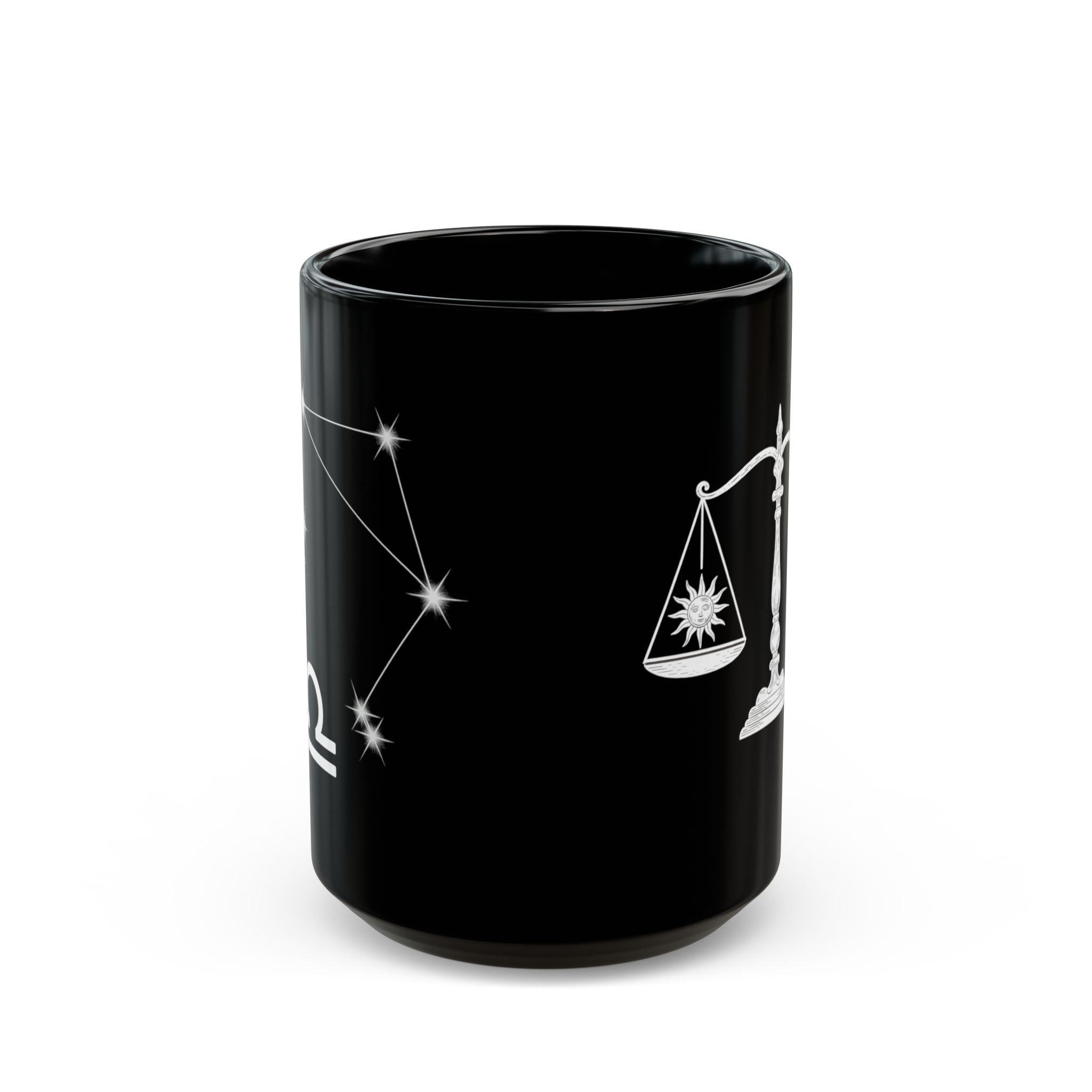 Libra Zodiac Mug — Black Astro Scales Coffee Cup (Sun & Moon Design)