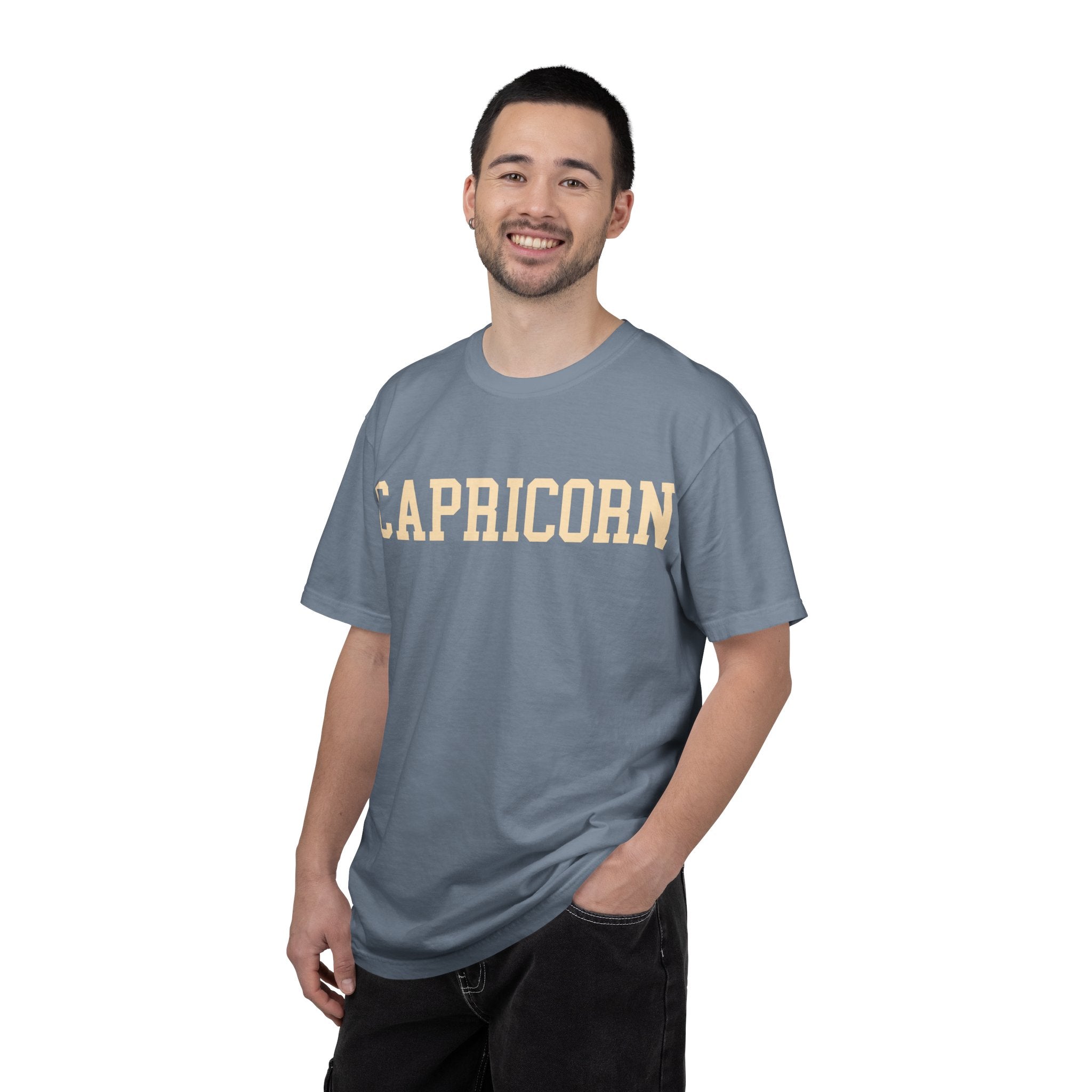 Capricorn Zodiac T-Shirt — Capricorn Text Front & Sea-Goat Back Graphic