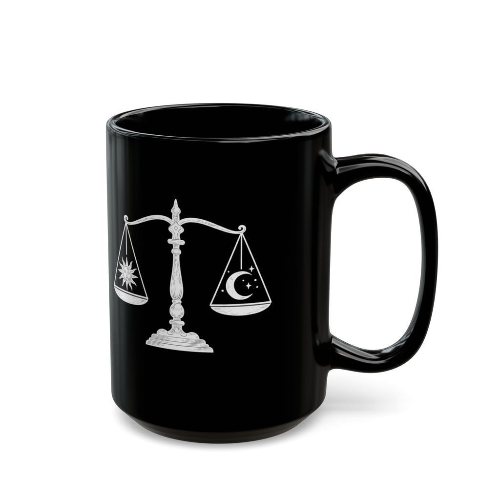 Libra Zodiac Mug — Black Astro Scales Coffee Cup (Sun & Moon Design)