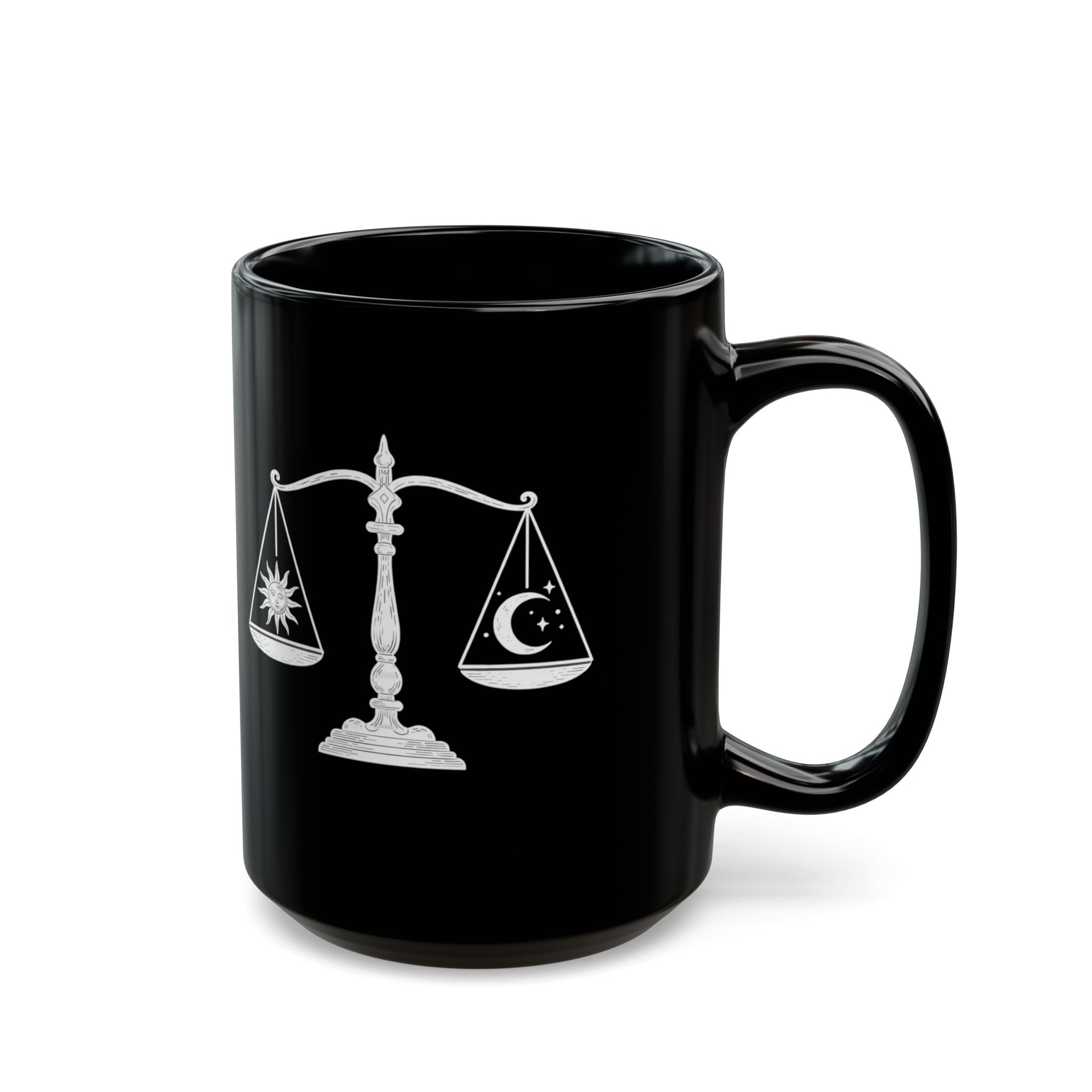Libra Zodiac Mug — Black Astro Scales Coffee Cup (Sun & Moon Design)