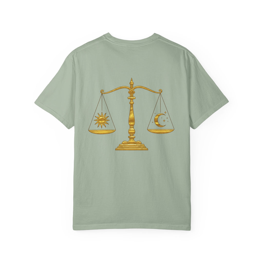Libra Zodiac T-Shirt — Gold Scales Design (Sun & Moon)