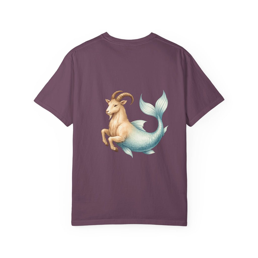 Capricorn Zodiac T-Shirt — Capricorn Text Front & Sea-Goat Back Graphic