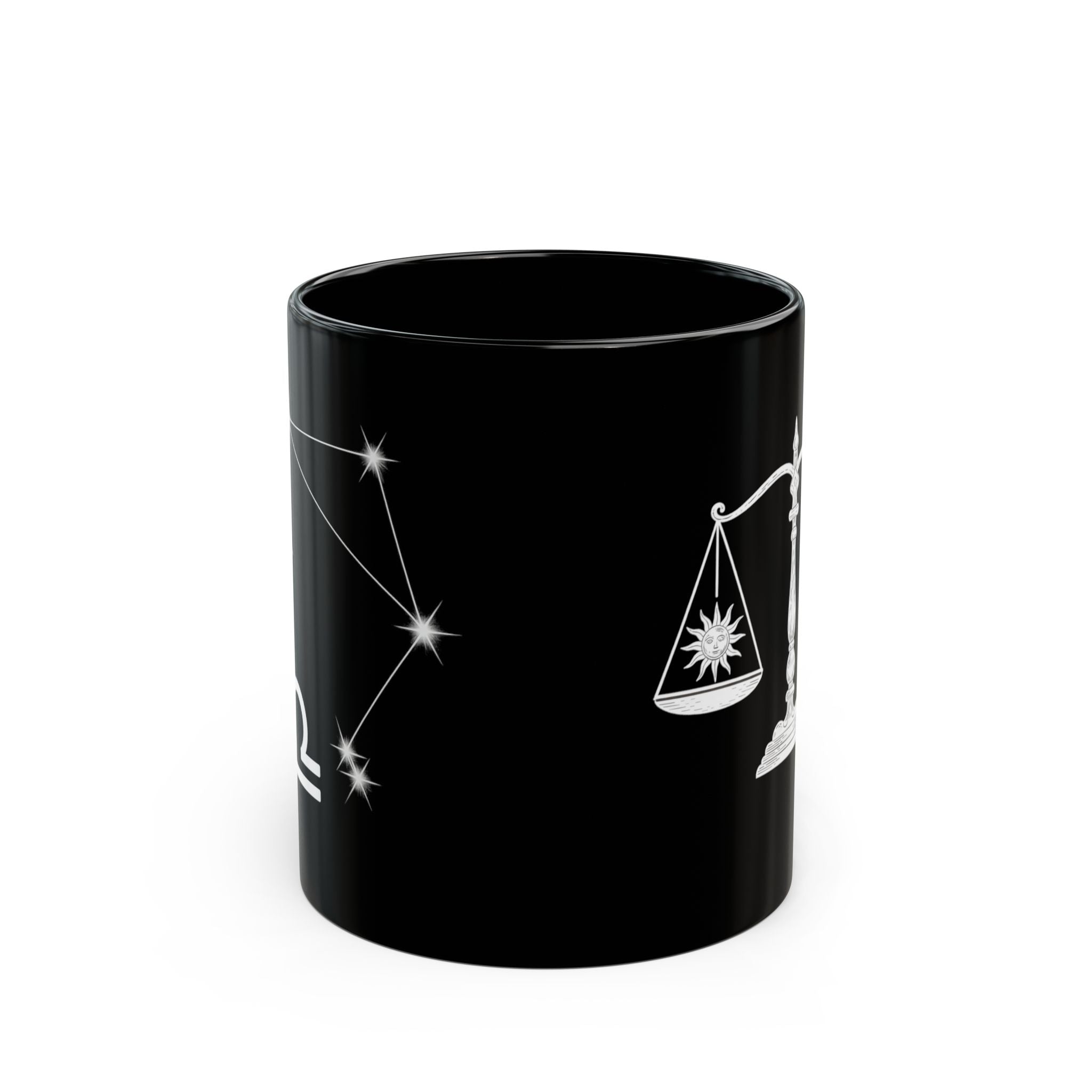 Libra Zodiac Mug — Black Astro Scales Coffee Cup (Sun & Moon Design)