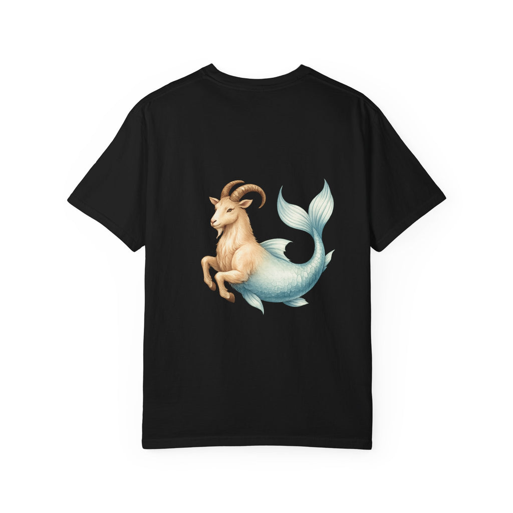 Capricorn Zodiac T-Shirt — Capricorn Text Front & Sea-Goat Back Graphic