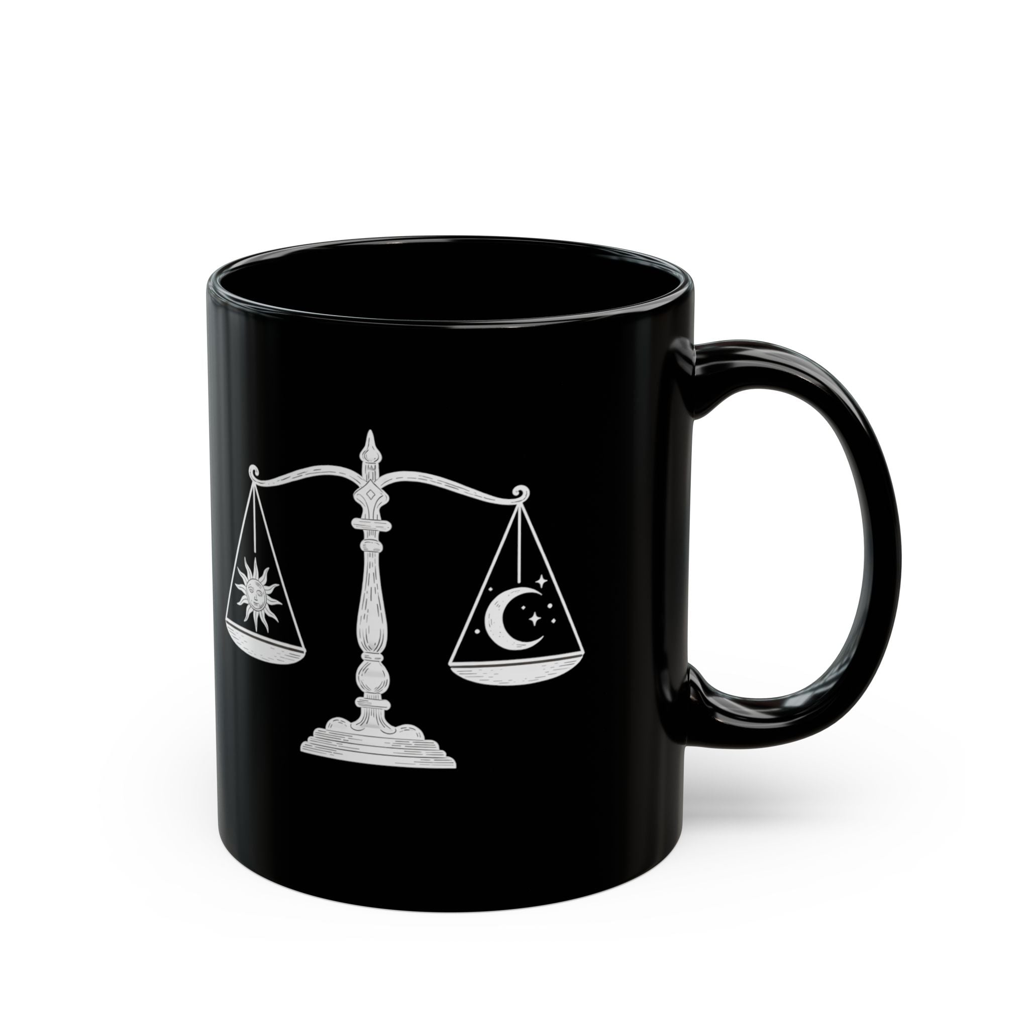 Libra Zodiac Mug — Black Astro Scales Coffee Cup (Sun & Moon Design)