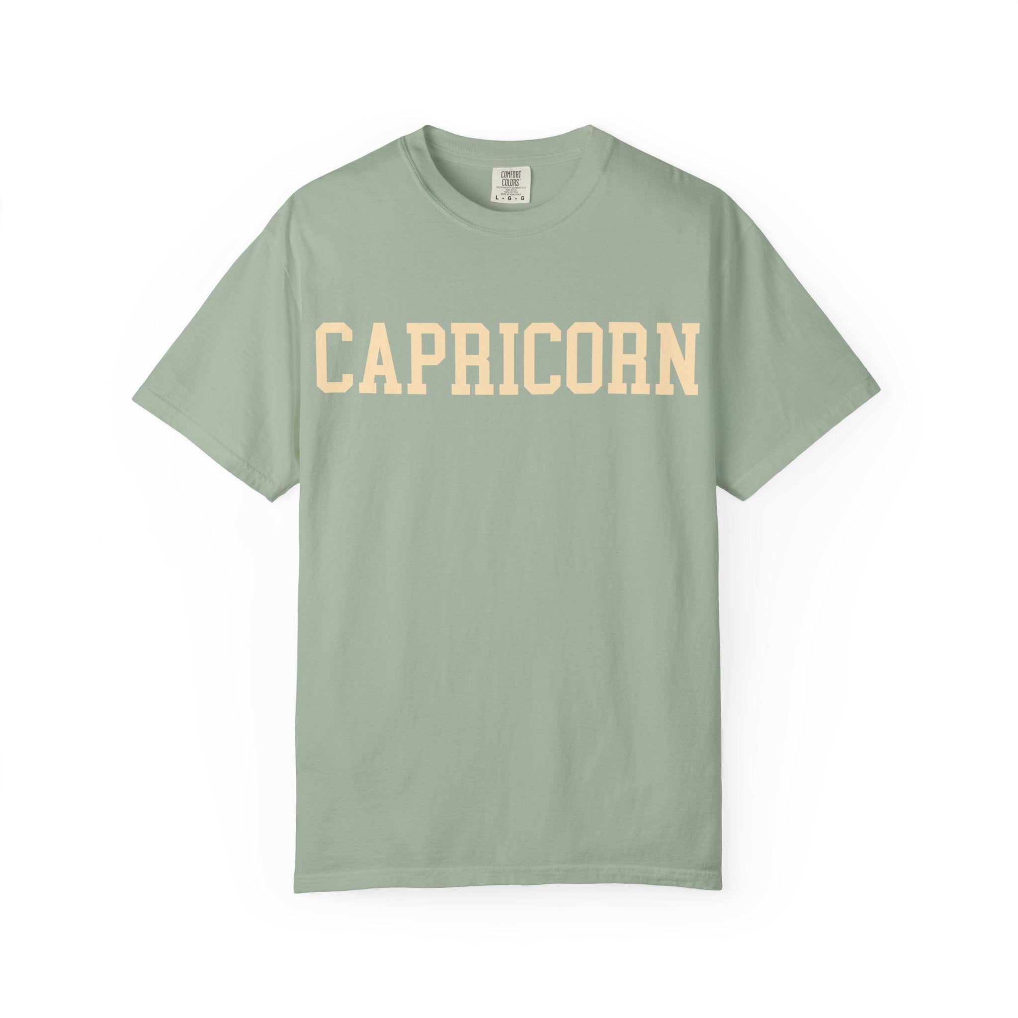 Capricorn Zodiac T-Shirt — Capricorn Text Front & Sea-Goat Back Graphic