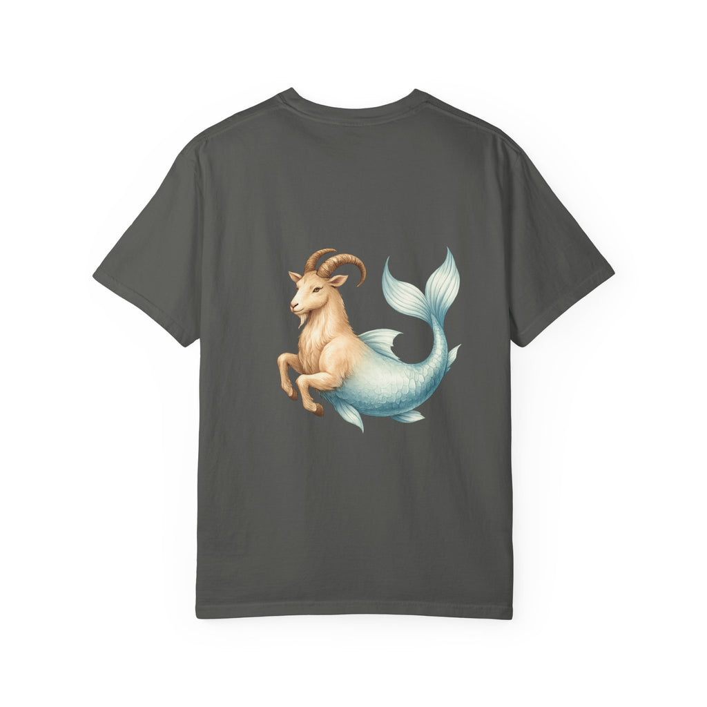 Capricorn Zodiac T-Shirt — Capricorn Text Front & Sea-Goat Back Graphic