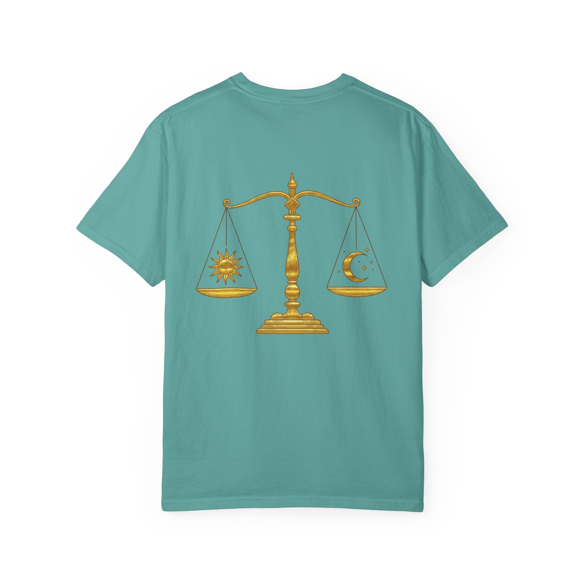 Libra Zodiac T-Shirt — Gold Scales Design (Sun & Moon)