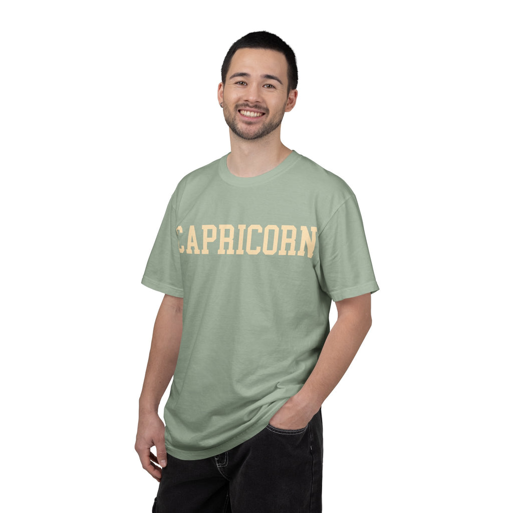 Capricorn Zodiac T-Shirt — Capricorn Text Front & Sea-Goat Back Graphic