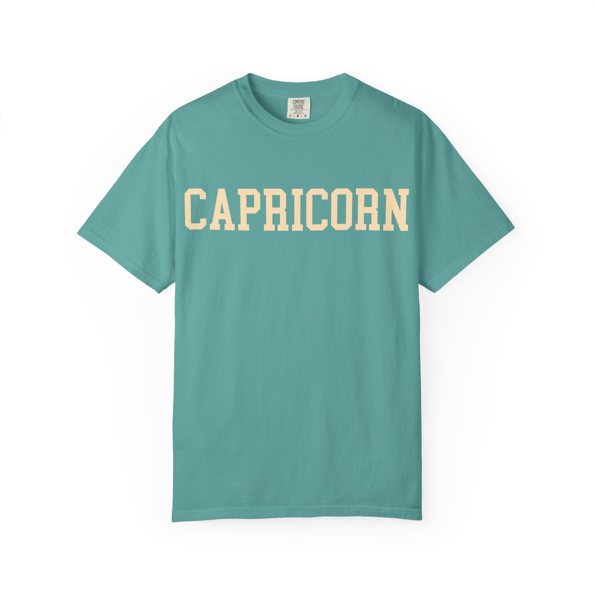 Capricorn Zodiac T-Shirt — Capricorn Text Front & Sea-Goat Back Graphic